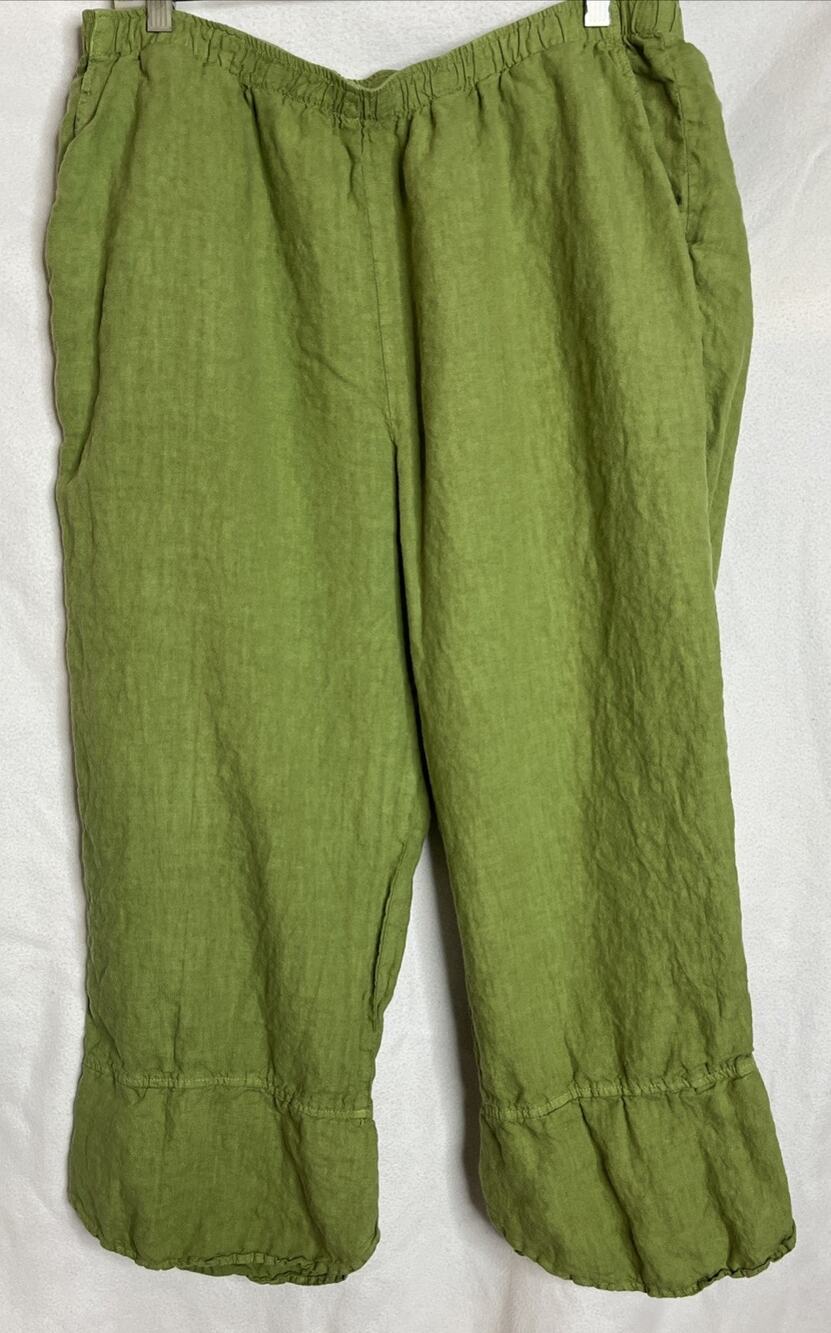 Match Point L Green 100% Linen Wide Leg Cropped Pull On Lagenlook Pants USA